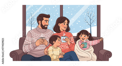 Cozy Family Moments Gathering Together in a Warm Living Room with a Snowy Winter View