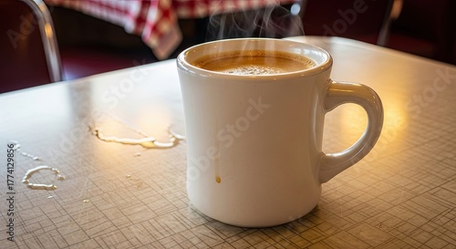 A steaming mug of coffee sits on a diner table with a checkered tablecloth in the background.