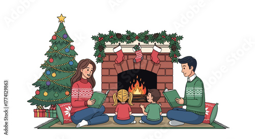Cozy Christmas Family Reading by Fireplace Illustration