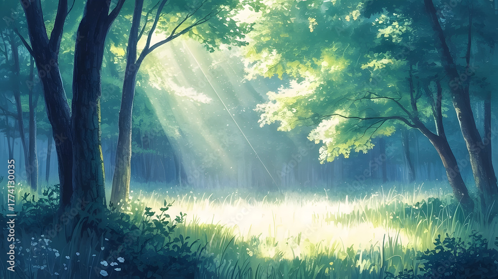 Obraz premium 木漏れ日が差し込む緑の森の中の風景イラスト