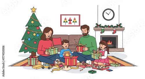 Family opening Christmas presents near a decorated tree and fireplace in a cozy living room setting