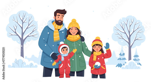 Family Enjoying Winter Season Outdoors Playing with Snowballs and Winter Trees