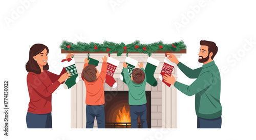 Family Decorating Christmas Stockings Above Fireplace Holiday Tradition and Festive Joy