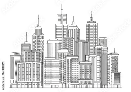 Detailed Line Art Cityscape with Skyscrapers