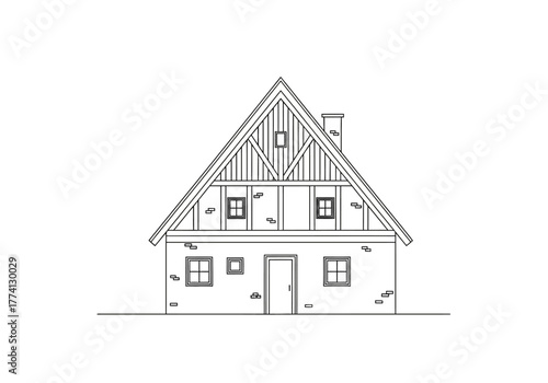 Charming Cottage Architectural Line Drawing of a Quaint House with Brick Walls and Timber Framing