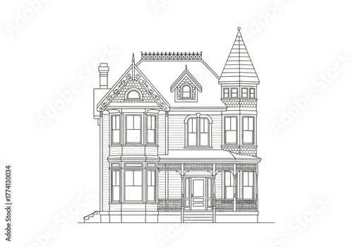 Detailed Architectural Line Drawing of a Victorian House with Tower