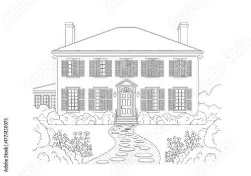 Detailed Outline of a Two-Story House with Shutters and Stone Path