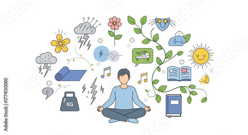 Achieving Mindfulness A Serene Illustration of Meditation, Nature, and Well-being for Relaxation