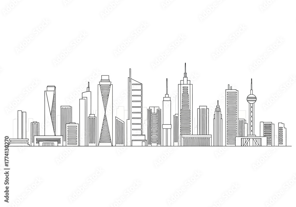 Naklejka premium Line Art Skyline Minimalist Cityscape Illustration of Modern Architecture