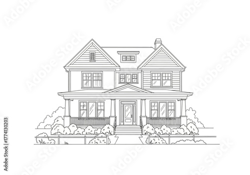 Architectural Line Art A Two-Story House with Front Porch and Gable Roof Detail