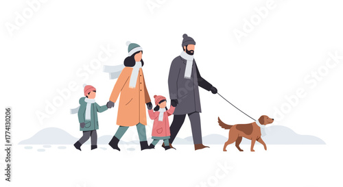 A happy family with two children and a pet dog enjoying a winter walk together in the snow, a vector illustration