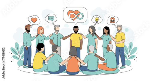 Diverse Group of People Embracing, Promoting Unity and Support, Sharing Ideas & Love