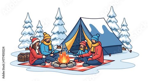 Cozy Winter Camping Scene Family Enjoys a Bonfire Near a Tent Amidst Snow-Covered Trees