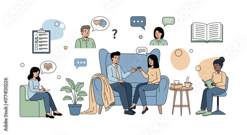Psychology and mental health support concept showing various scenes of therapy, counseling sessions, and psychological assistance