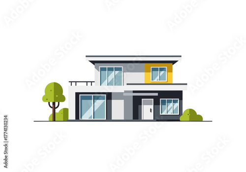 Modern House Design Sleek Architecture with Landscaping on White Background