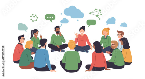 Group of diverse people in a circle sharing ideas and communicating in a discussion