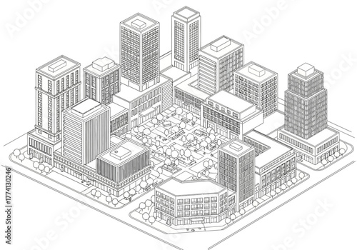 Isometric Cityscape Illustration of a Modern Urban District