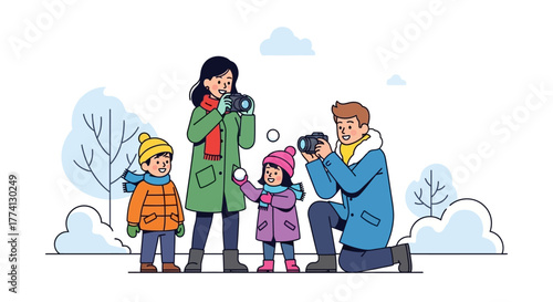 Winter family portrait in the snow taking photos with cameras and snowballs