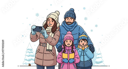 Happy family taking photos in a snowy landscape during winter vacation