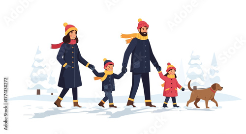 Joyful family enjoying a serene winter walk through a picturesque snowy landscape with their beloved pet dog