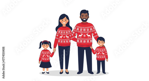 Cheerful family portrait in matching festive red holiday sweaters, celebrating winter traditions and togetherness during the Christmas season