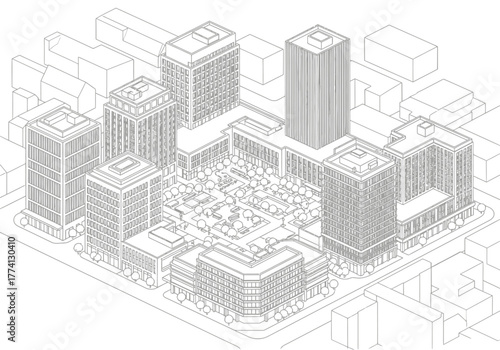 Urban Planning Blueprint Isometric View of City Buildings and Green Space