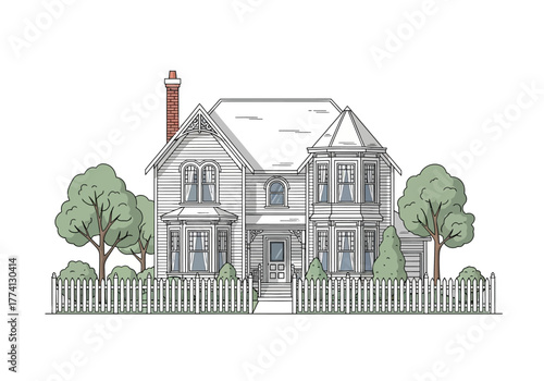 Charming Victorian House Illustration with White Picket Fence and Trees