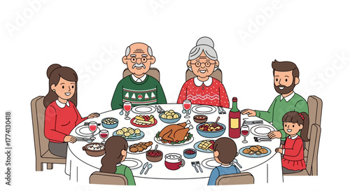 Joyful multi-generational family celebrates togetherness with a delicious festive meal, sharing laughter and cherished moments at the dining table
