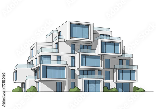 Modern Geometric Architecture Multi-Story Residential Building Design Illustration