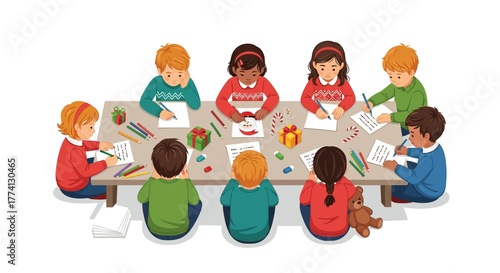 Childrens Christmas Holiday Crafting Session At A Table Drawing And Decorating