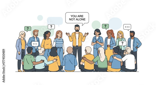 Flat vector illustration of a diverse community in a group therapy session. People finding support and connection for mental health issues