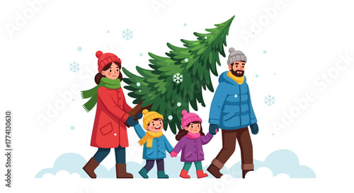 Happy family with two children walking through the snow carrying a freshly cut Christmas tree for the holidays