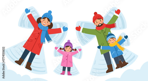 Family Having Fun Making Snow Angels in Winter Season with Joy and Happiness