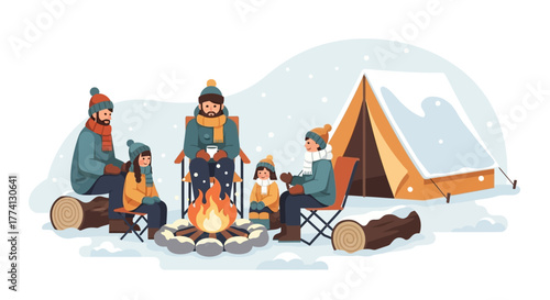 Cozy Family Winter Camping Adventure Around a Warm Campfire with Tent in a Snowy Landscape