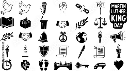 Martin Luther King Jr. Day and Civil Rights Movement Icons Set: Justice, Peace, Equality, Freedom, Education Symbols. Vector collection for social justice themes.