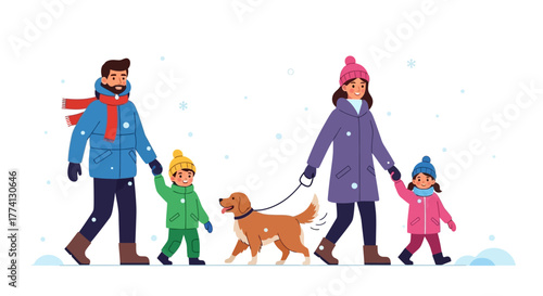 Happy family with two children and a dog walking together in warm winter clothes during a snowfall
