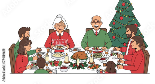 Multi-generational family enjoying a festive holiday dinner, sharing a traditional meal around a table with a decorated Christmas tree, celebrating togetherness