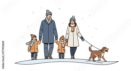 Joyful family with children and a pet dog enjoying a leisurely winter walk together in the snow