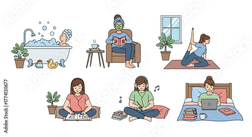 A woman's cozy home life depicted through relaxing hobbies, wellness activities, and self-care routines
