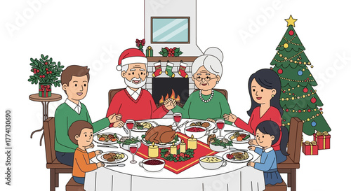 Family Christmas Dinner Illustration Festive Gathering with Delicious Food and Joyful Moments