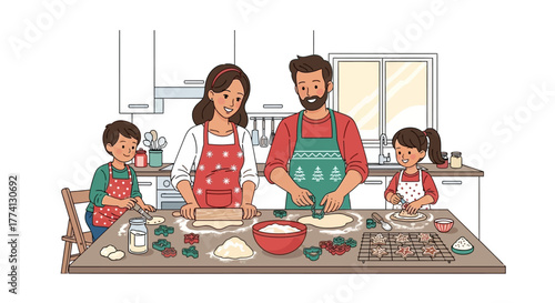 Happy family parents and children baking delicious Christmas cookies together in a modern kitchen, holiday season preparation