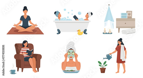 Diverse scenes illustrating self-care rituals and peaceful relaxation activities for enhanced well-being and comfort at home