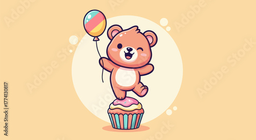 Cartoon bear balancing on cupcake holding balloon against yellow background