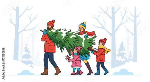 Family Bringing Home a Christmas Tree Through Winter Forest
