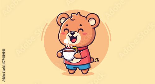 Cartoon bear character holding coffee cup with steam on yellow background