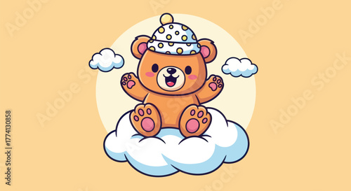 Cartoon bear character on cloud with hat joyful expression and yellow background