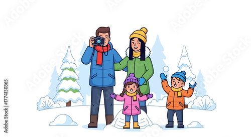 Illustration of a happy family with two children enjoying a winter day, playing in the snow and taking photos together