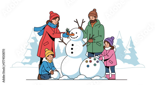Happy Family Building a Snowman Together During a Winter Day