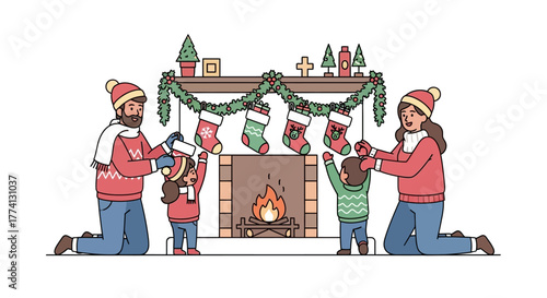 A happy family with children decorates the fireplace, hanging Christmas stockings for the winter holiday season
