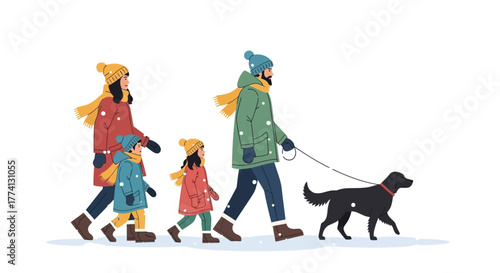 Family Winter Walk Illustration of a Family Strolling Through the Snowy Landscape with a Dog